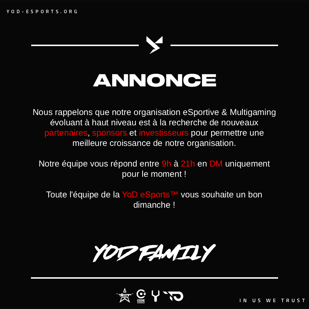 YoDeSports's tweet image. 🚀 YoD eSports™ est à la recherche de ses #partenaires, #sponsors &amp;amp; #investisseurs de demain pour l'aider à développer sa croissance dans l'#eSport national et international ! 🌍🔥

✉ Vous pouvez nous contacter en DM &amp;amp; sur WhatsApp : 
➡ +33 6 04 47 65 02

Le service marketing,