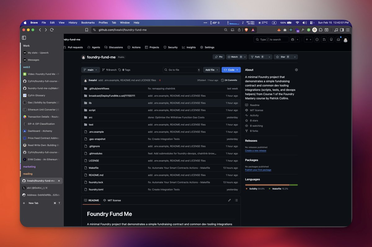 0xAlvi_'s tweet photo. Day 5
- I’ve published a smart contract repo: Foundry Fund Me, built using @solidity_lang, @paradigm’s Foundry,
@chainlink, and @Alchemy, and special thanks to @PatrickAlphaC 🥂
- Let’s connect, #Builders 🏗️
#web3 #BuildInPublic #100DaysOfWeb3 #LearningInPublic #Web3Journey https://t.co/6YdgFISKTR