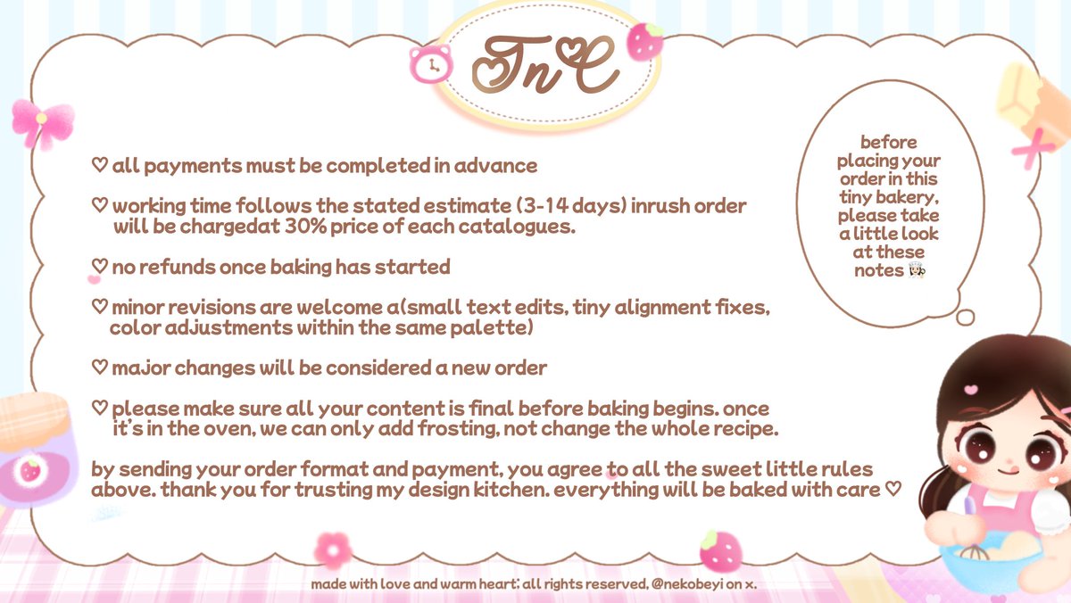 nekobeyi's tweet image. repost will be appreciated, thank you :3👩🏻‍🍳💭

hello &amp;gt;_&amp;lt; yuk kenalan sama set up baru &amp;amp; first catalogue nina? bertemakan baking a cake 🍰🍓, semua material nina buat dengan tangan sendiri ( hand - drawn ) ^-^ kalau ada yang tidak aman, boleh ketuk dm nina yaaa. 💬

#zonauang️  ♡