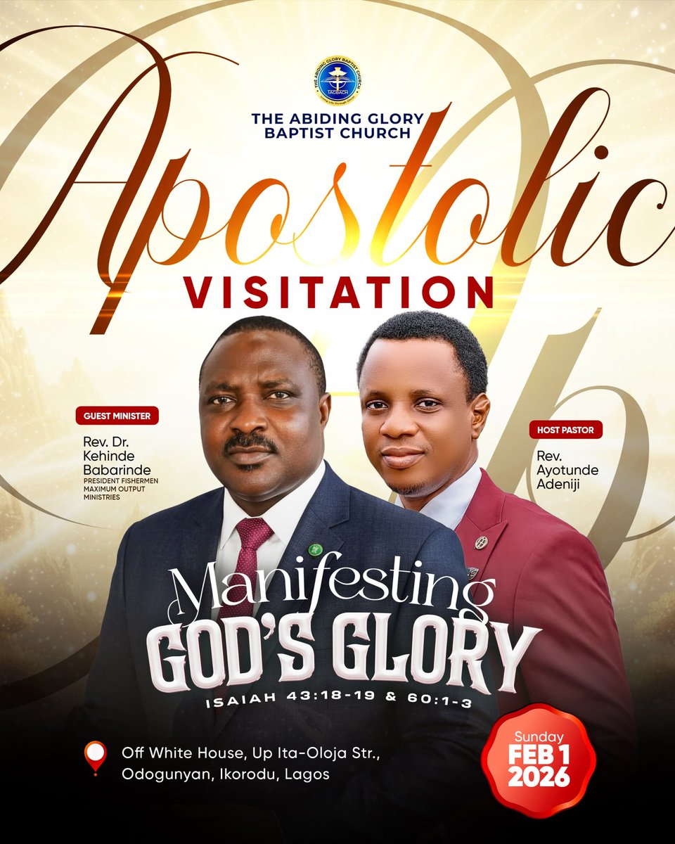 okbabarinde's tweet photo. ABIDING GLORY Baptist Church is a friendly congregation and a family fellowship. We are convinced that instead of Ichabod, they will manifest; glory at Creation, Salvation, and Santification for endless celebrations.
Thank you Rev & Mrs Tunde Ayo-Adeniji
#Gloriousfuture
#Glory4U https://t.co/HWmjLAbXRK