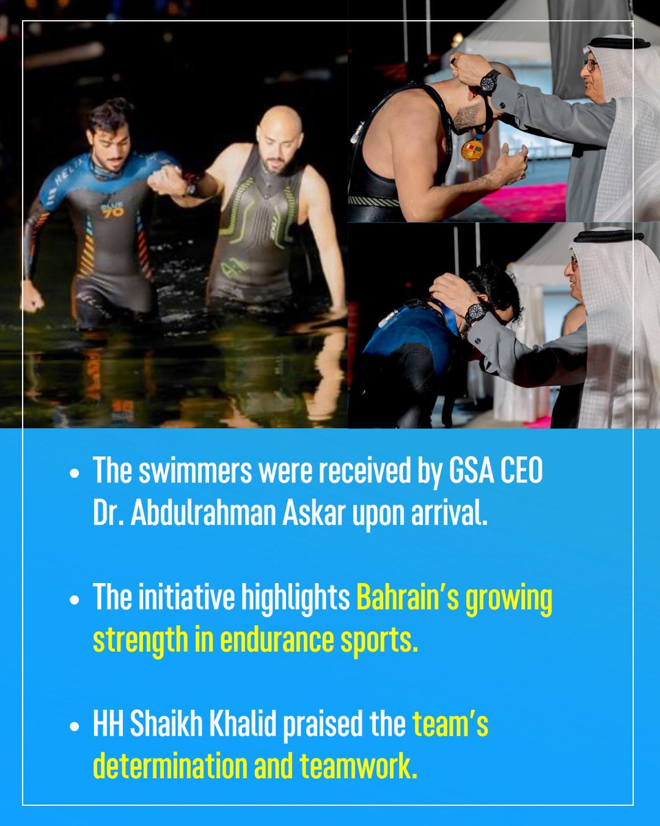 The Khalid bin Hamad Swimming Challenge Team successfully completed a
44.5-kilometre open-water swim from the  Saudi Arabia to Bahrain.

#NewsofBahrain #News #Bahrain #NOBDigital