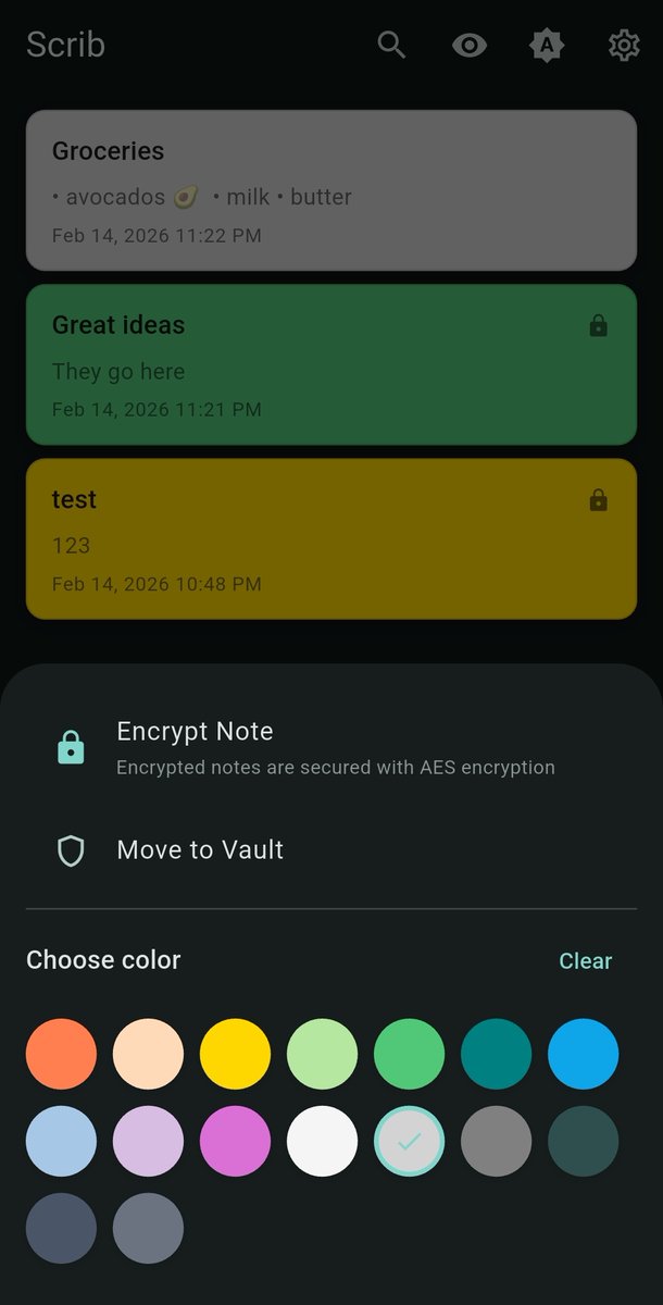 BeeswaxPat's tweet image. Just dropped Scrib v2.0 Notes App for Android!

AES-256 encryption, PIN lock, Private Vault—your notes stay secure &amp;amp; offline, no tracking.

Download it free on Google Play store.

scrib.cfd 

#EncryptedNotes #AndroidPrivacy #SecureNotes #AES256 #NotesApp