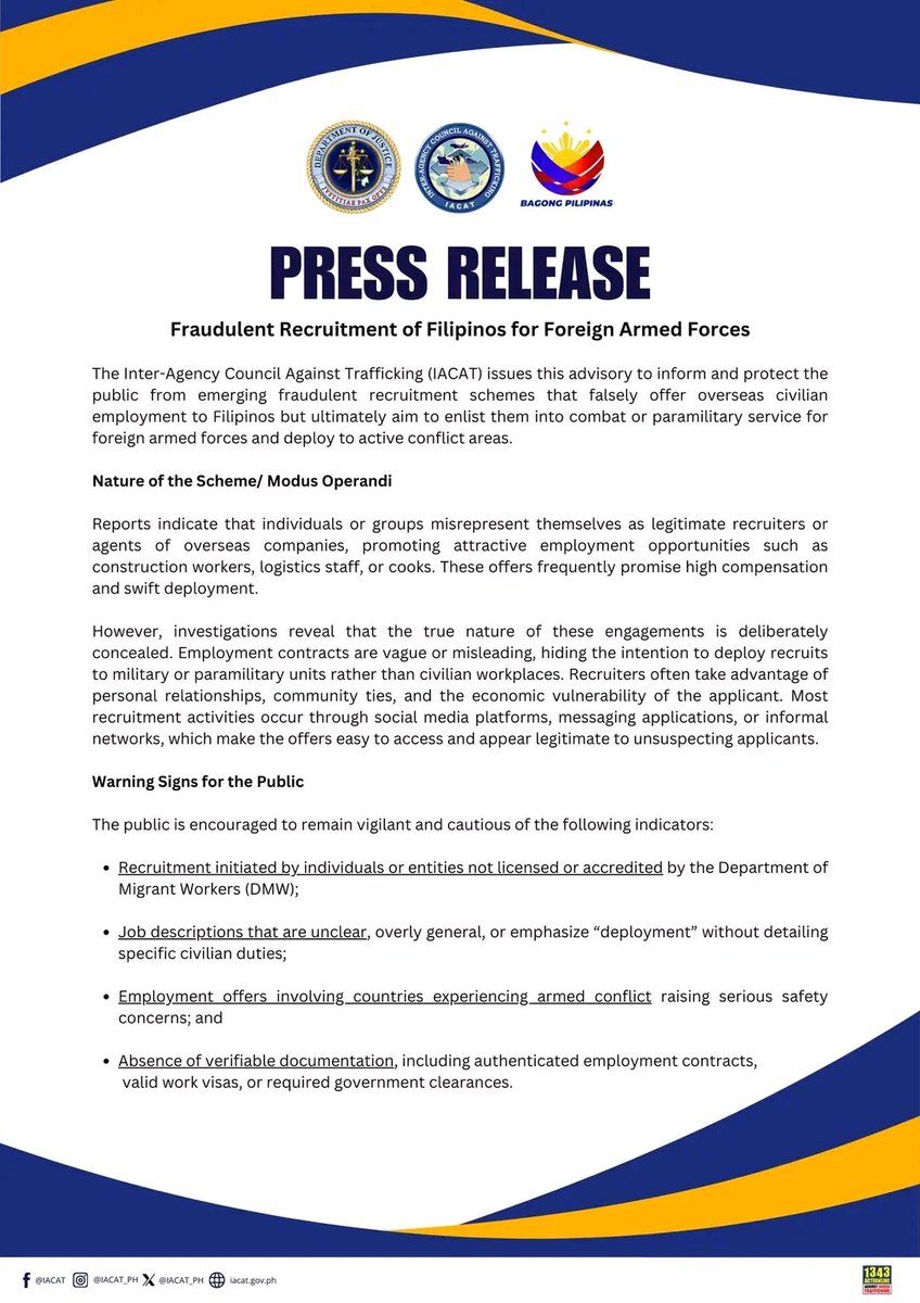 dojphofficial's tweet image. PRESS RELEASE | Fraudulent Recruitment of Filipinos for Foreign Armed Forces

#IACAT
#BagongPilipinas
#IisangNasyonIisangAksyon
#BagongPilipinas 
#DOJPH