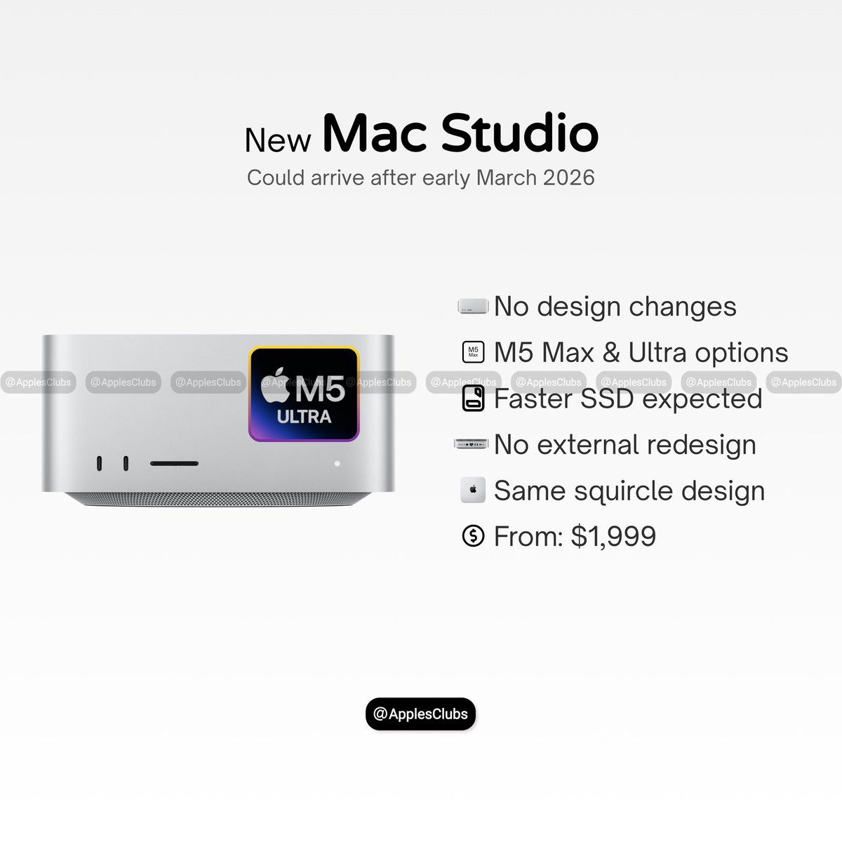 New Mac Studio Coming 👀

• M5 Max &amp; M5 Ultra 🔥
• Faster SSD ⚡️
• Same squircle design 🧊
• No external redesign
• Starting at $1,999 💰

Power gets upgraded… looks stay iconic.
Dropping after early March 2026? 🚀

Are you upgrading or waiting for a redesign? 🍎