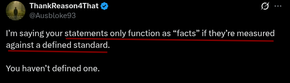 EmptyBrainPan's tweet photo. @Ausbloke93 @neutrinomoon Mate, I get this is difficult because you're language skills are so poor, but if statements only act how you say, then the statement you made isn't a fact until it's also measured against a defined standard.

Ergo, it's a self-defeating opinion of yours.🤣 https://t.co/RRP79AwS0b