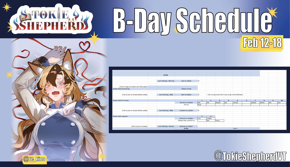 TokieShepherdVT's tweet photo. ⊹𖤓 Subbathon Schedule!! 𖤓⊹ 
2/15 Starting at 7am EST 

｢Dare To Sign The SunDog Contract… 𖤓 #TokieShepherdVT [ Day 4: BDay Subbathon ] !Discord !Merch ｣ 
- Date Everything!! 
- Golf W/ Friends 
- ApexLegends 

🎨 Art Credit: @/ re_kioo 
⁺◛ #vtuberDebut ┆ #Subbathon ┆ #TokieSketchy ◛⁺