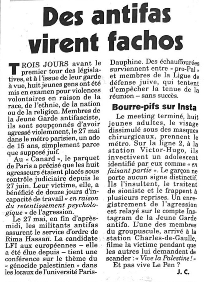 🚨 Info à diffuser massivement (article du Canard confirmant que la Jeune Garde assurerait bien le service d’ordre de Rlla Hassan)

Cet ancien article du Canard Enchaîné est accablant pour la défense de Rima Hassan, suite au meurtre de Quentin.

On y apprend que la Jeune Garde