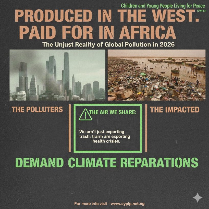 youngpeoplefor's tweet photo. From toxic e-waste to rapid climate warming, #Africa is on frontlines of crisis we didn’t create. It’s time to move from "aid" to Climate Reparations.

We are demanding accountability. We aren't just exporting trash; but health crises. It must stop. 
 
#CYPLP #ClimateReparations https://t.co/MVZTX4Au3A