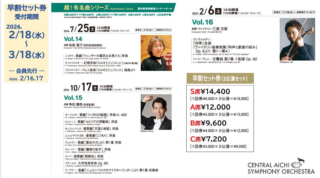 ／
📣#超有名曲シリーズ #早割セット券
📅2/18一般発売
＼
💬2/18-3/18の期間限定販売！（定期、賛助、リスナー会員は先行受付対象▶📅2/16・2/17）
🎫セット券で購入すると20％OFF！！
来年度もホールでお待ちしております❣
ご予約▶yyk1.ka-ruku.com/caso-s/showLis…
#松尾葉子 #角田鋼亮 #三浦文彰