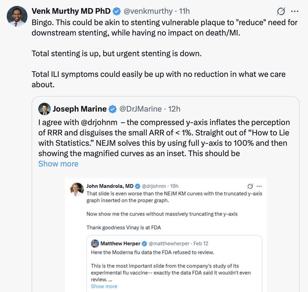 AppleHelix's tweet photo. I’m frankly amazed that these MDs want to lump post-vaccination reactions (chills, mild fever) - which is how vaccines WORK - together with ILI from an actual viral infections.

The most dangerous complication of flu is developing into pneumonia which can cause deaths. Last flu season, ~30K Americans died from pneumonia.

You don't develop pneumonia from vaccine reactions that resemble the flu! You don't assess the CLINICAL UTILITY of a flu vaccine by combining these 2 things!!!

Look, I am not urging every one to take a flu shot each year. I rarely take it. But I make sure my elderly parents get them each year.

🤦‍♂️🤦‍♂️🤦‍♂️