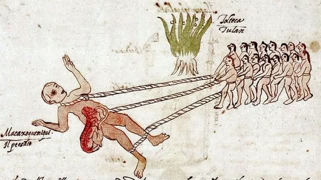 histories_arch's tweet photo. An illustration from 16th Century AD Codex Ríos, depicting the Toltecs dragging a dead giant that the god Tezcatlipoca had abandoned near the capital Tula. 

In Aztec mythology, the Quinametzin are a race of giants that were punished by the gods because they did not venerate them.

#archaeohistories