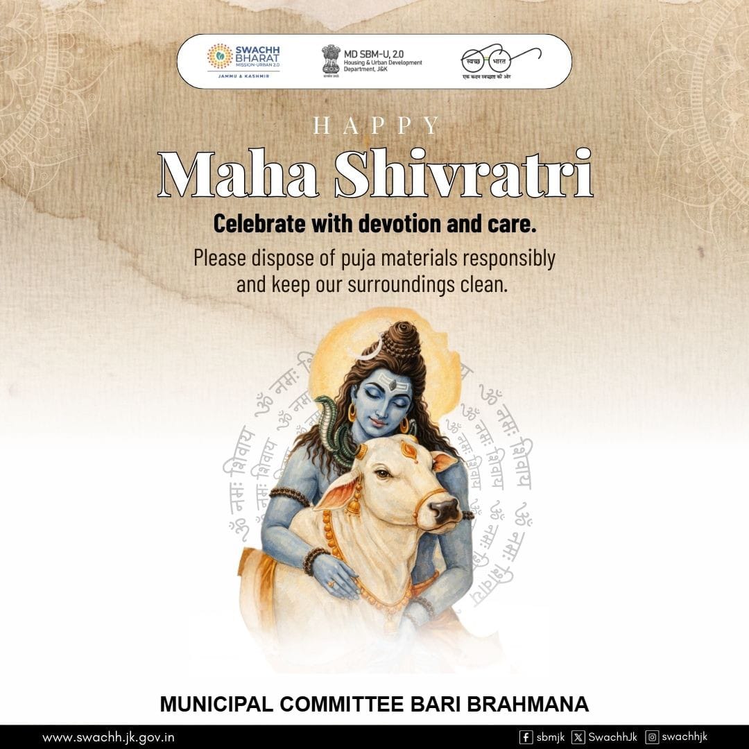 BariBrahmanaMC's tweet photo. Happy Maha Shivratri
Celebrate with devotion and care.
@JKHUDD1
@OfficeOfLGJandK
@SwachhBharatGov
@SwachhJk
#cleanRepublicDay
@dcsambaoffice
@JammuUlb
#cleanRepublicDay
@MoHUA_India
@SwachSurvekshan https://t.co/ZOeexWM8fF