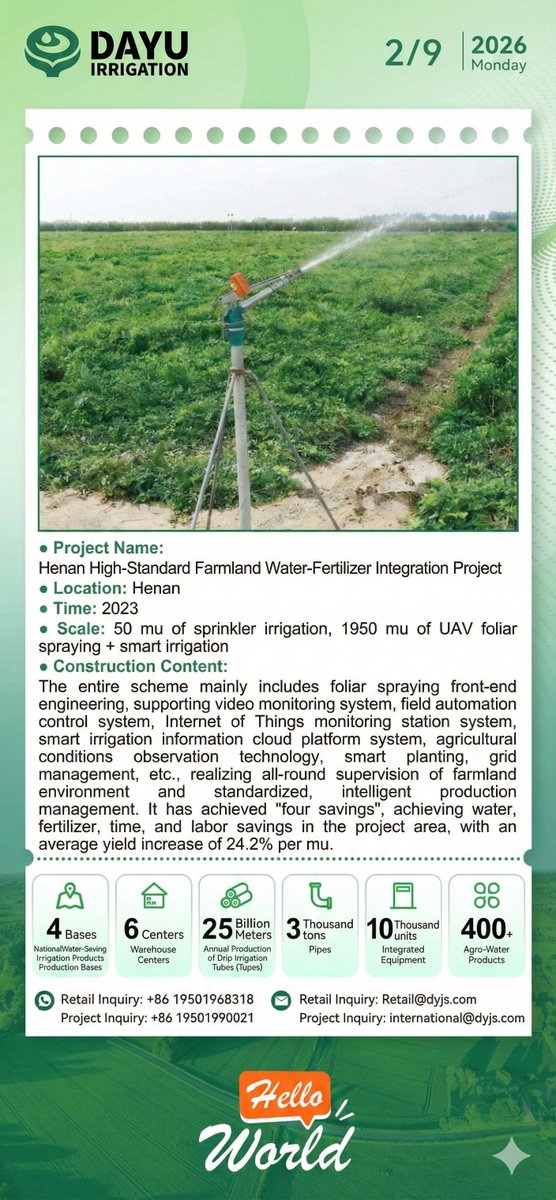 dayuglobal's tweet photo. Smart Farm System:
📹 Video monitoring + IoT stations
🌱 Automated field control &amp; smart planting
✅ Saves water, fertilizer, time &amp; labor
📈 Boosts yield by 24.2%
#fyp #SmartFarming #DAYU #WaterSaving #AgTech https://t.co/xkccd7zXIv