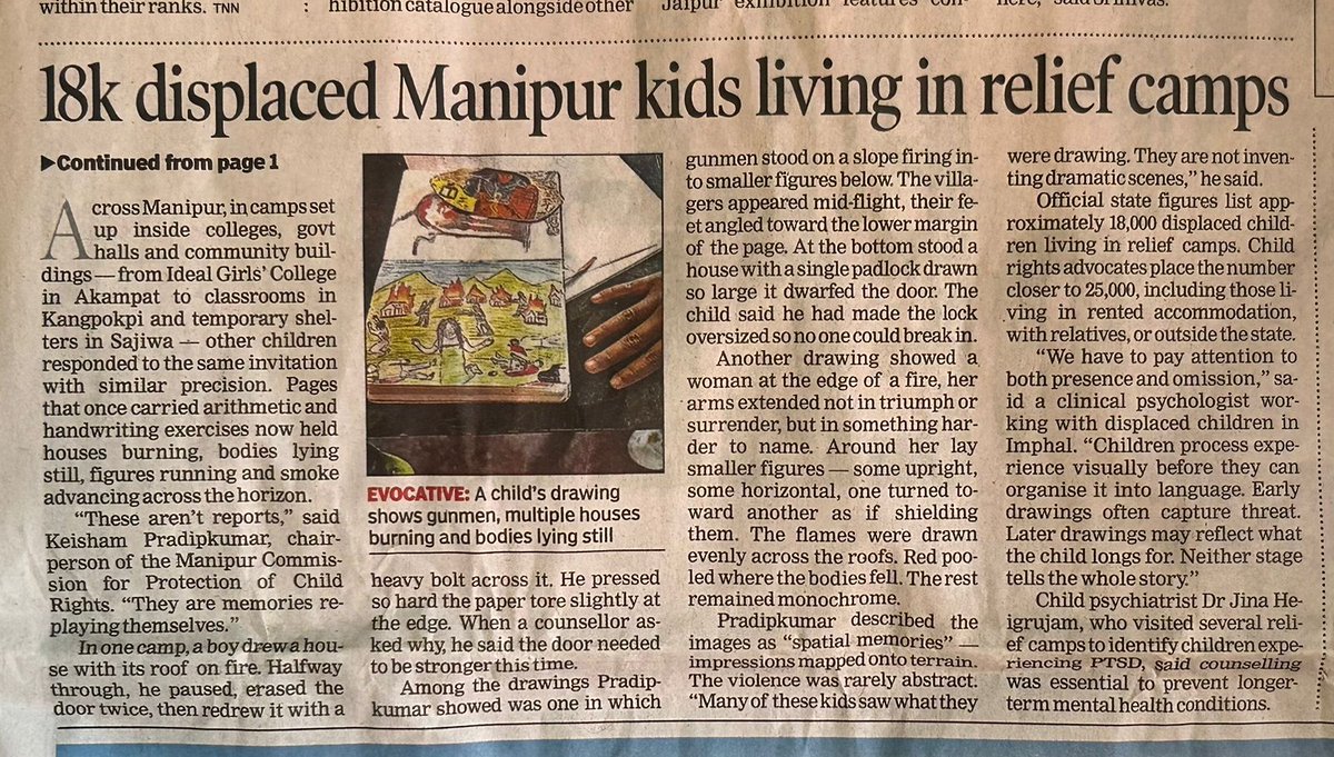 Manipur kids’ trauma finds a voice in their art

Knowing this, we must ask: Has our government <a href="/PMOIndia/">PMO India</a> <a href="/govt_of_manipur/">Government of Manipur</a> <a href="/YKhemchandSingh/">Khemchand Yumnam</a> <a href="/KipgenNemcha/">Nemcha Kipgen</a>  enough been done to resolve the crisis? 

Time to "walk the talk".

Courtesy: TOI Bangalore