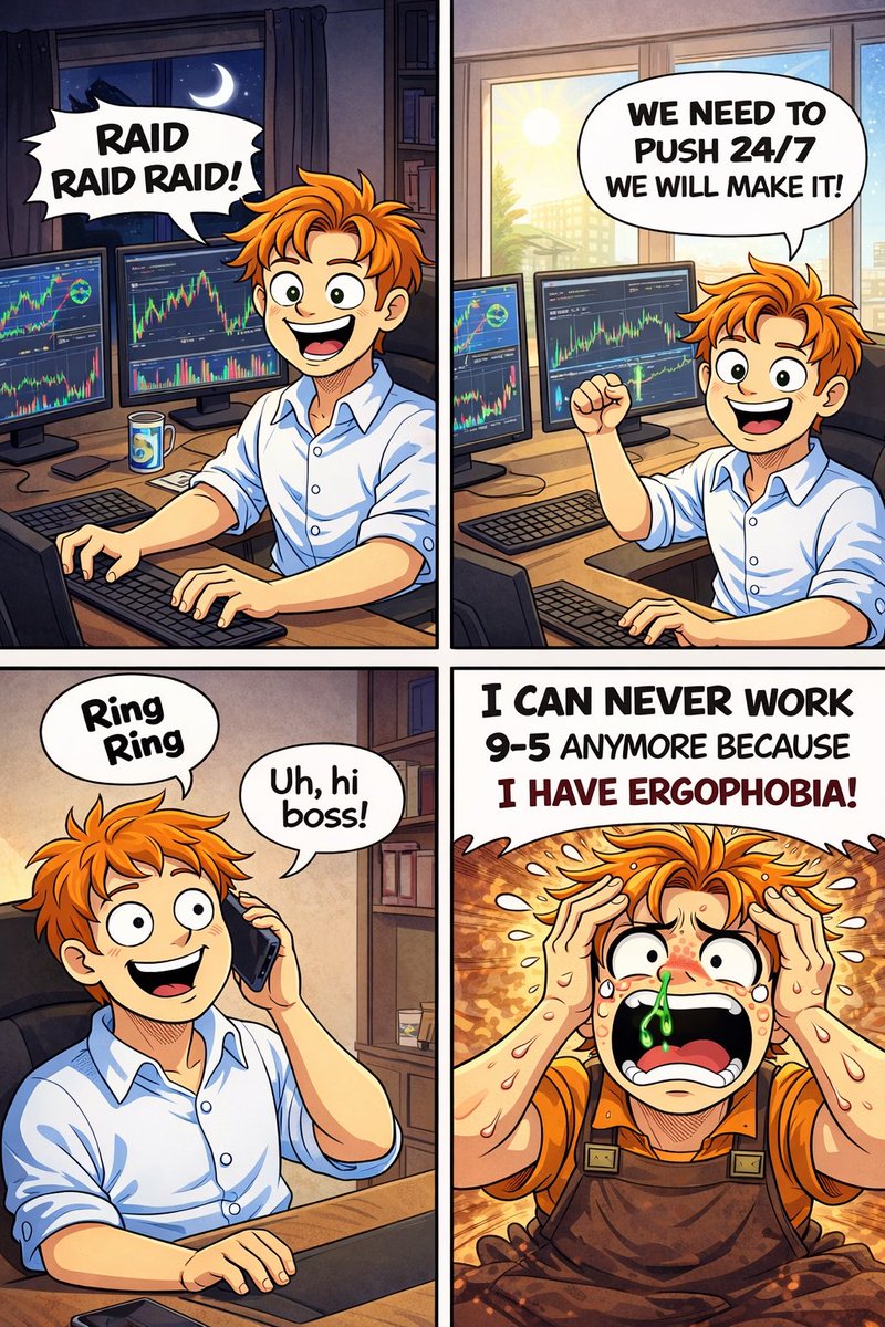 I can push crypto projects 24/7 and not tired or stress at all but.. When I need to think 9-5..

Fear of work
$Ergophobia
5L3QmuE27vrg5vk3nE6fRWfEXEWEZmoh4rH8vm5Upump

$PUNCH $BP $PUMPID $MAXXING