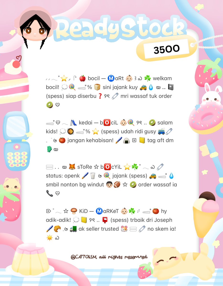 CATTOlSM's tweet image. ⣠ ︵  ♥︎  help repost?  tysm &amp;lt;3 ⭐️🎀  𓂅

◠  ⢸⠀ ada  wording  8  bio wording   kidcore  &amp;amp;  cute  ready  stock. . 🎶🍏  𓂃 . εїз   hanya  3.5k .ᐟ.ᐟ  &amp;gt;___%   💬👧🏻   ▷  ketuk  DM  sekarang. . ✋🏻 ₊˚𓂂

☆ —— tap alt for details! . . 🐈💧
zonauang  %  zonajajan  %  zonaba