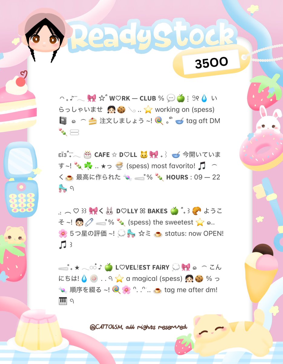 CATTOlSM's tweet image. ⣠ ︵  ♥︎  help repost?  tysm &amp;lt;3 ⭐️🎀  𓂅

◠  ⢸⠀ ada  wording  8  bio wording   kidcore  &amp;amp;  cute  ready  stock. . 🎶🍏  𓂃 . εїз   hanya  3.5k .ᐟ.ᐟ  &amp;gt;___%   💬👧🏻   ▷  ketuk  DM  sekarang. . ✋🏻 ₊˚𓂂

☆ —— tap alt for details! . . 🐈💧
zonauang  %  zonajajan  %  zonaba