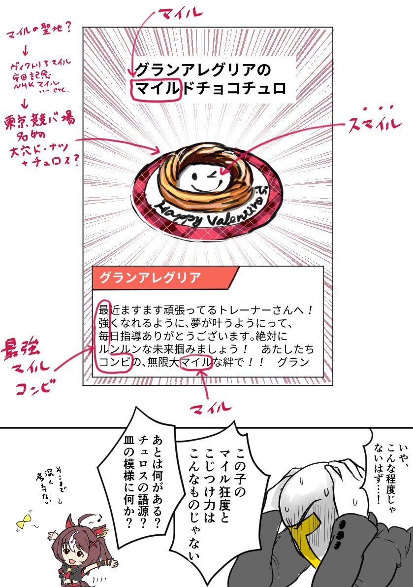 アレグリア・バレンタイン・コード
 #ウマ娘 #グランアレグリア 
貴婦人のキスみたいに意味合いを解こうとしたけどこの程度が限界でした　
競馬詳しい人が見るともっと深読みマイルできるんですかね