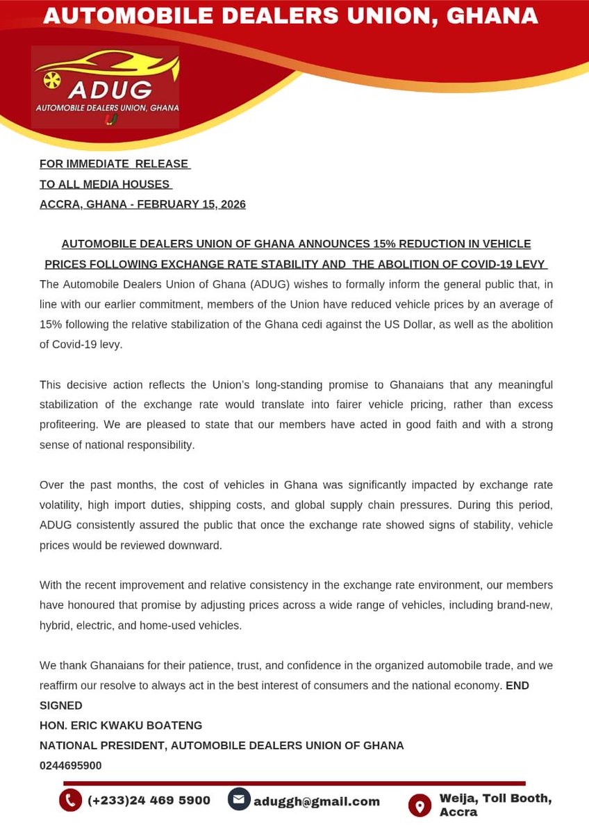 Vehicle prices drop by 15%. The Automobile Dealers Union of Ghana announces a nationwide reduction following exchange rate stability and the abolition of the COVID-19 levy.

#3NewsGH #TV3Ghana