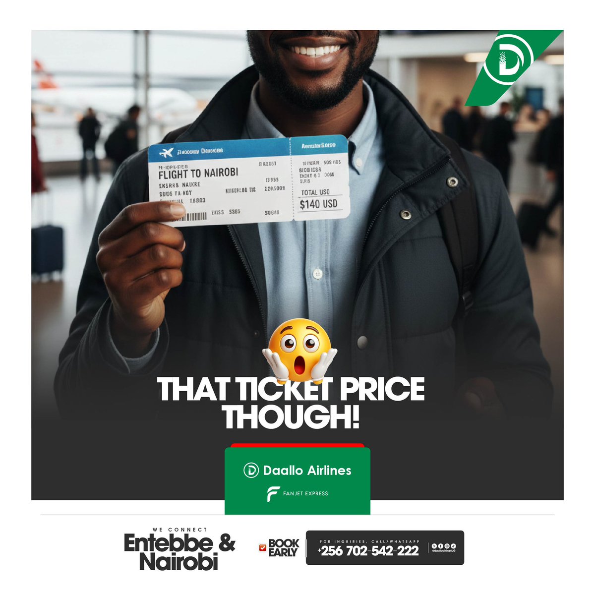 From $140 for Nairobi? 😲✈️
Yes. It’s real.

📞 0702542222
💵 From $140

#FlyDaallo #DaalloAirlinesUG #FanjetExpress