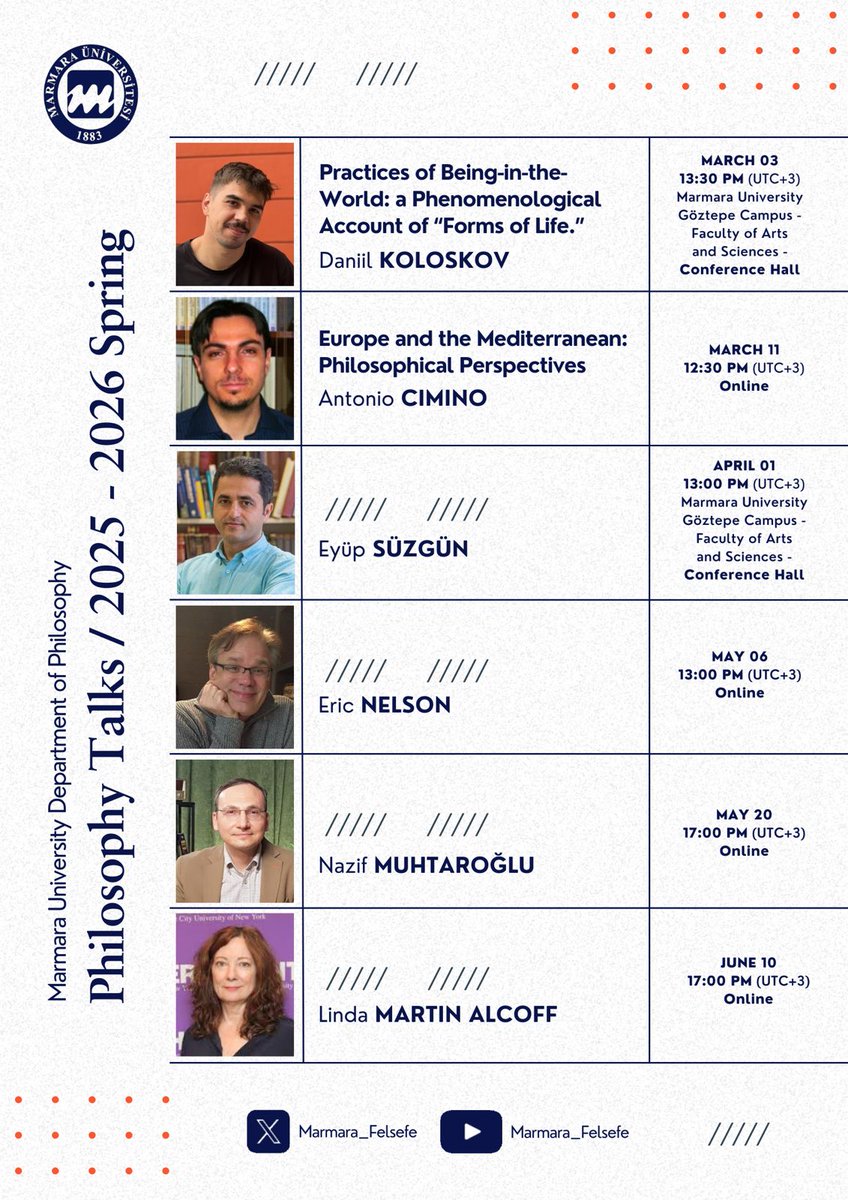 Program duyurusu:

Marmara Felsefe'nin gelenekselleşen programı "Philosophy Talks", 2025-2026 bahar dönemine hazır!

Felsefe dostlarını ve düşünce meraklılarını, bu özel seride bir araya gelmeye davet ediyor, hep birlikte ilham dolu ve verimli bir yıl geçirmeyi diliyoruz.