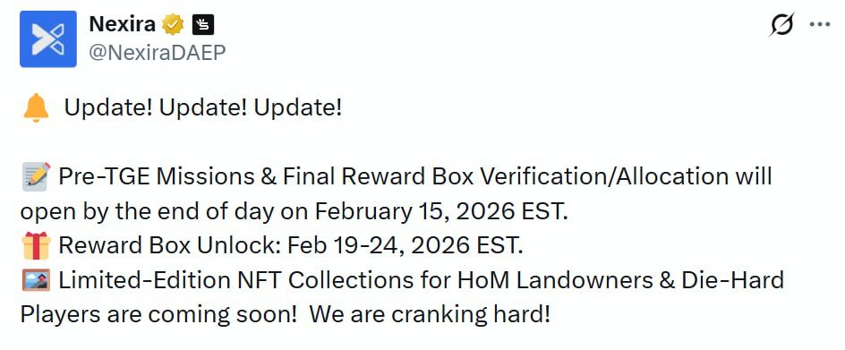 0xTozo's tweet photo. 🚨 Nexira Update Alert!🪂

Pre-TGE Missions & Final Reward Box Verification/Allocation will open by the end of day on February 15, 2026 (EST).

🎁 Reward Box Unlock:
📅 February 19 – 24, 2026 (EST)

Don’t miss the timeline! Complete verification & get ready to unlock your rewards.

Stay active. Stay prepared. 🚀

#Nexira #TGE #Airdrop #cryptowinter