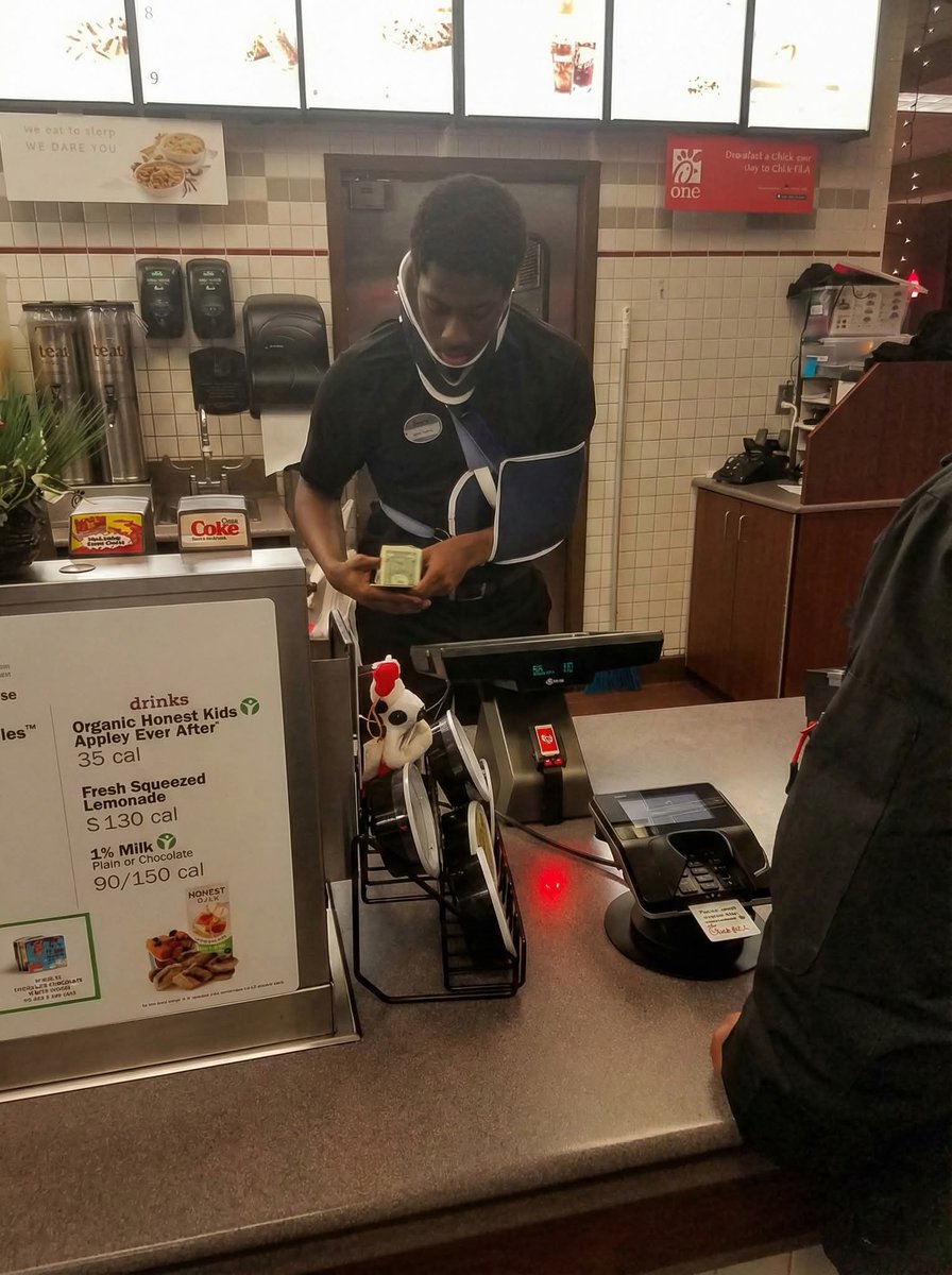 Dear Chick-fil-A,

I stopped at your location on Rockville Rd. in Indianapolis, IN, an hour ago. The line for the drive-thru was pretty long, so I decided to go inside. When I entered, I saw a gentleman behind your cash register who was working with a neck brace &amp; a sling. For