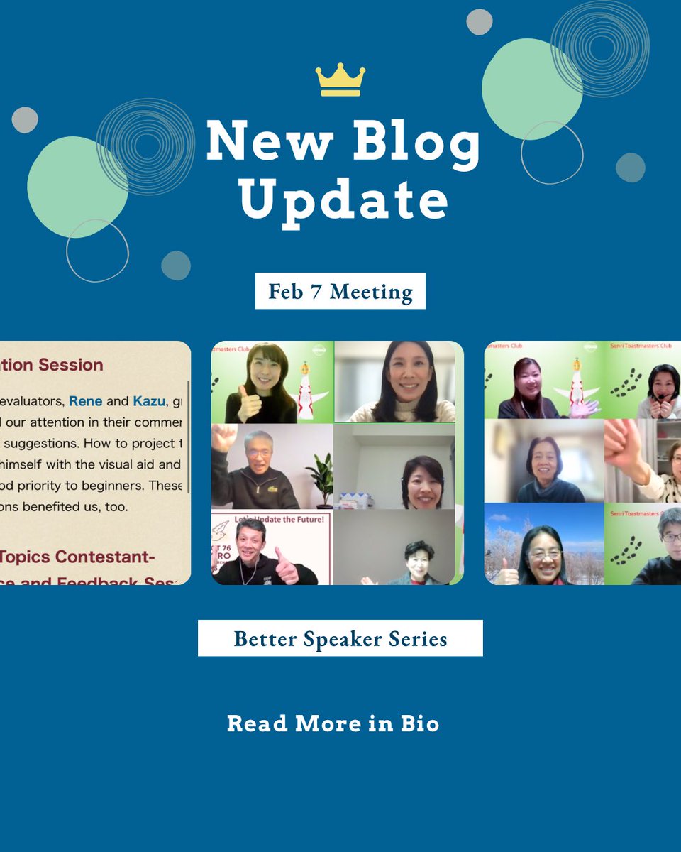 New blog update from our Feb 7 Online Special Meeting ✨

Better Speaker Series Presentation
&amp; Table Topics Contest Practice

Read the full report here:
🔗 senri-toastmastersclub.blogspot.com/2026/02/specia…
Mady

#SenriToastmastersClub #Toastmasters #PublicSpeaking #TableTopics #ToastmastersInternational