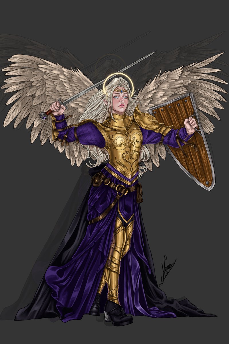 "Nildriem, la tocada por el sol"
Paladina de los guerreros Celestiales de los Aasimar.

Diseño e historia: <a href="/nerigrysartwork/">Nerigrys_artwork</a> 

#dungeonsanddragons #aasimar #originalcharacterart #fantasy #paladin