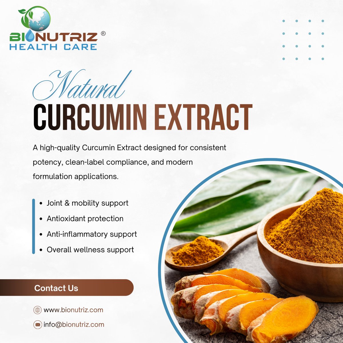 bio_nutriz's tweet image. Curcumin Extract is derived from the rhizome of turmeric, naturally rich in curcuminoids and bioactive compounds renowned for antioxidant protection, inflammation balance, and overall wellness support. 

#CurcuminExtract #TurmericExtract #BionutrizHealthcare #ExportReady