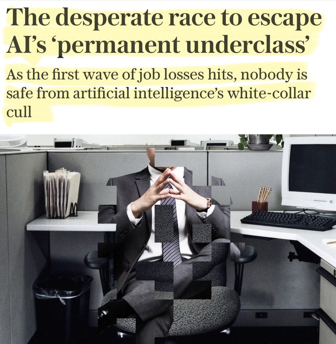 Artemisfornow's tweet image. When millions of white collar workers are replaced by Ai, the impact won’t only be on them. It will hit tax revenues meaning the government will have less money, but millions more on welfare.

A trade won’t help you, your customers won’t be able to afford to pay! That will…