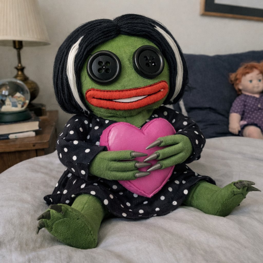 cornmuffintime's tweet photo. If Plush Pepe a frog from the Other Button eyes World? 🪡🐸 https://t.co/fzp72PXR5F