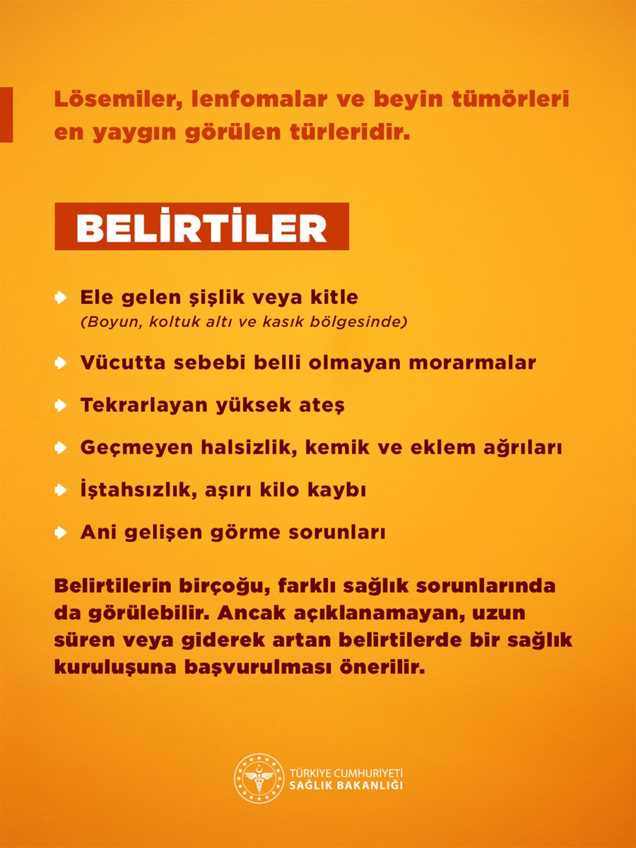 Belirtiler konusunda farkındalık erken teşhisi ve tedavi başarısını artırır.

#UluslararasıÇocuklukÇağıKanseriGünü