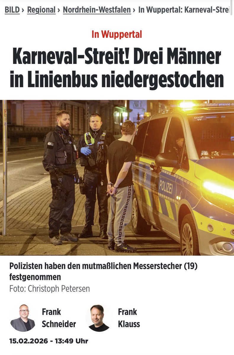Und wieder mal wahrscheinlich Einmann-Uwe…

Blutiger Streit im Bus! In Wuppertal hat ein 19-Jähriger drei Fahrgäste mit einem Messer verletzt.
Er stach einem 19-jährigen Deutsch-Türken in den Bauch, verletzte ihn schwer. Ein 20- und ein 24-Jähriger wurden bei der Attacke
