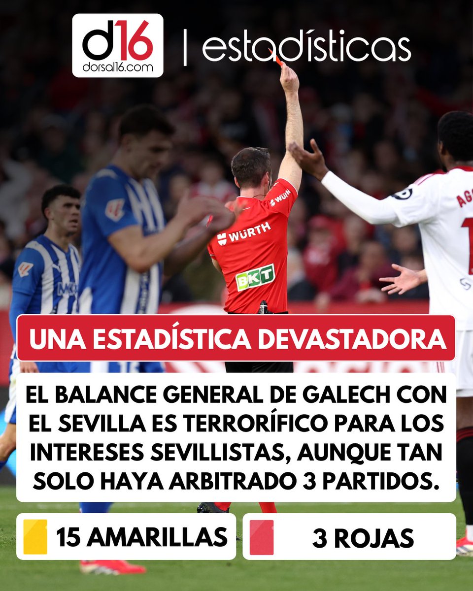 🚨 EL DISPAR CRITERIO DE IOSU GALECH

❌ El arbitraje de Galech ayer ante el Deportivo Alavés indigna al sevillismo.

📊 Vs Alavés: 15 tarjetas al Sevilla frente a SOLO 1 del rival (tan solo 2 faltas de diferencia).

🟥 Historial: Sale a EXPULSIÓN por partido (3 rojas en 3