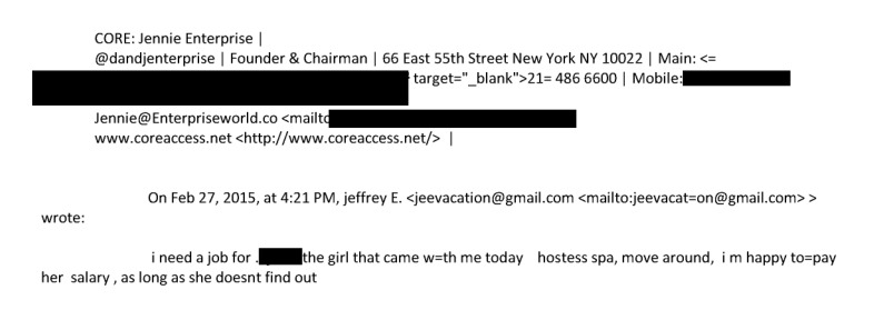 MarioNawfal's tweet photo. 🇺🇸 In 2015, Epstein emailed the Core Club owners asking for a favor: "i need a job for [redacted] the girl that came with me today hostess spa, move around, i m happy to pay her salary, as long as she doesnt find out."

The club says they never hired anyone he referred, but given everything, you buying that?

File number: EFTA02509897