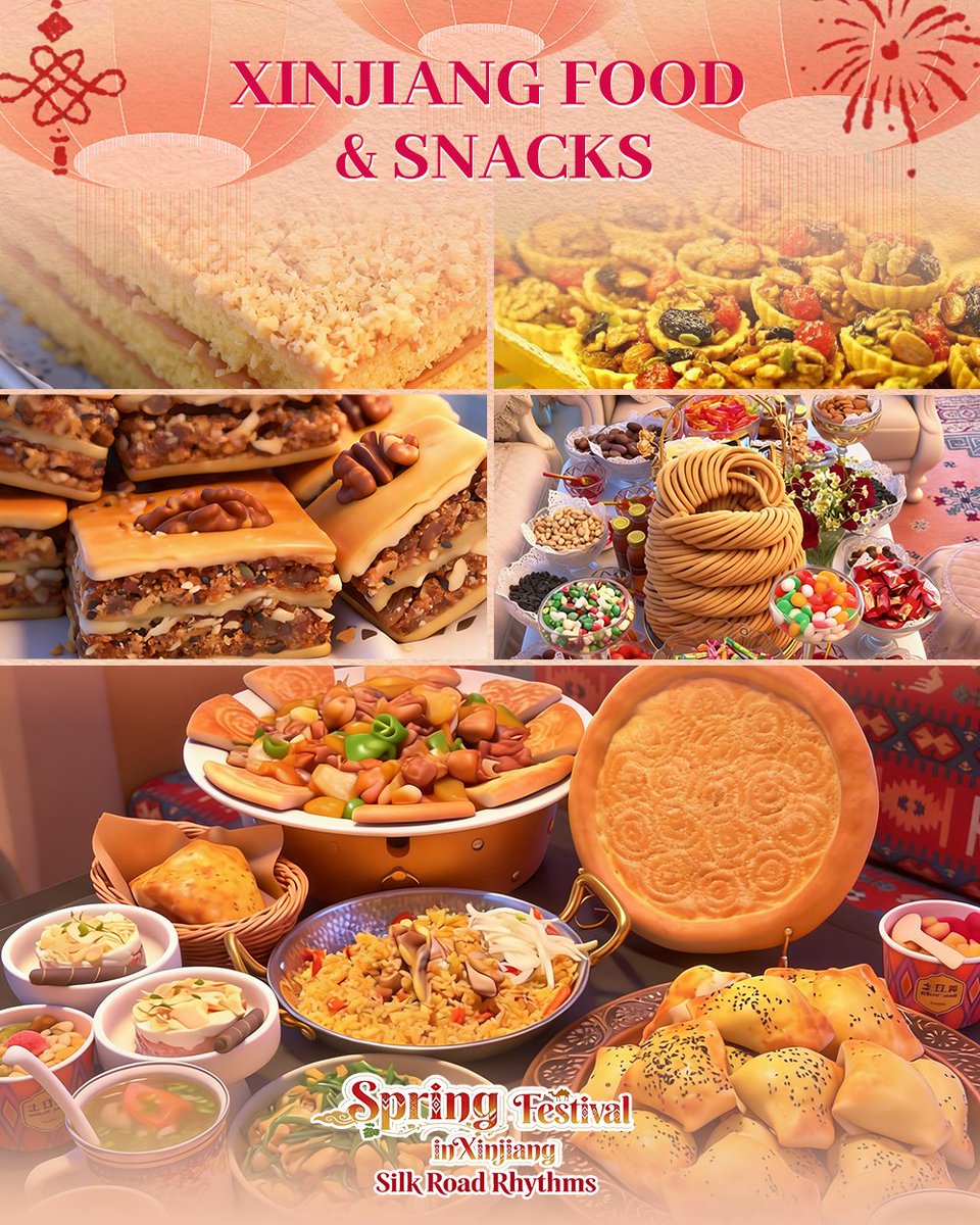 At festivals in Xinjiang, good food is always on the table.
Sweet treats like layered cake, Baklava and Sanzi, along with savory favorites like naan, samsa, and big plate chicken, make every gathering warm and memorable.
Join the Food Relay Challenge! Share your most iconic dish