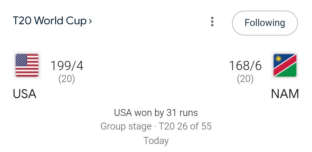 DeepakSana90's tweet photo. #USA won the second match.
#whatisyourlovesong #USA #USAvsNamibia #T20WorldCup2026 #ICCMensT20WorldCup2026 https://t.co/I7Xs02ldAE