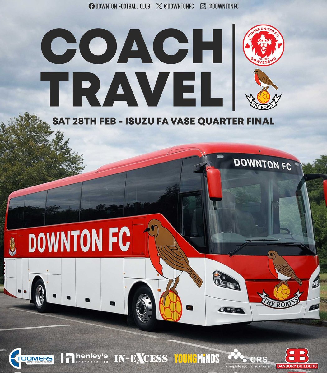DowntonFC's tweet photo. 𝗥𝗢𝗕𝗜𝗡𝗦 𝗢𝗡 𝗧𝗛𝗘 𝗥𝗢𝗔𝗗...🚌

Due to demand we have now got a 3rd coach for our Isuzu FA Vase Quarter Final trip to Punjab United. We anticipate seats to go quickly so don't wait around and book your seat! 

📅 - Sat 28th Feb
📍- Leaving from The Nest
⏰️ - 9:30am leave
💷 - £10 per seat

To secure your seat please contact the Clubhouse on Facebook or contact @markgulliver12 ✅️

#UpTheRobins #IsuzuFAVase