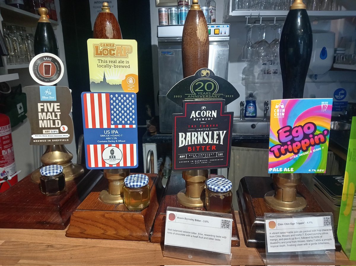 +++NEW BEERS ALERT+++ We are open 1-9pm today.
New on the bar is
<a href="/ChinChinBrewing/">Chin Chin Brewing</a>  'Ego Trippin' 
<a href="/BlueBeeBrewery/">Blue Bee Brewery</a> 'Five Malt Mild V3'
<a href="/northridingbrew/">northridingbrewery</a> 'US IPA V78'
Plus <a href="/AcornBrewery/">Acorn Brewery</a>  'Barnsley Bitter'
<a href="/camra_wolds/">Yorkshire Wolds CAMRA</a>