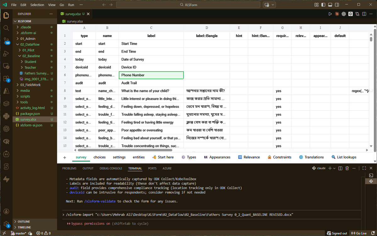 themehrabali's tweet photo. #buildinpublic @kobotoolbox @getodk
#XLSForm #Survey #Research
Building an #OpenSource tool to create large survey forms in 2 minutes using any AI coding agent (Claude, OpenCode, Codex…).
What do you wish to do in seconds instead of hours?
‣ Translation?
‣ Adding standard modules or complex randomization?
‣ Moving question groups?
Slash Commands
/xlsform-add — Add questions
/xlsform-import — Import from files (PDF/Word)
/xlsform-move — Reorder questions
/xlsform-translate — Add/complete multilingual translations
/xlsform-validate — Validate form
/xlsform-update — Modify questions
/xlsform-remove — Delete questions
/xlsform-revert — Safely restore from history
Standardized Modules
- Crop production, livestock, aquaculture
- Household roster, child education, education access
- Food security (FCS, rCSI), nutrition (MUAC)
- WASH, housing, energy access
- Health (basic, biomarkers, immunization, ANC)
- Migration, market access, shocks, and coping
- Labor rights, workplace violence, protection/GBV (safety-first templates)