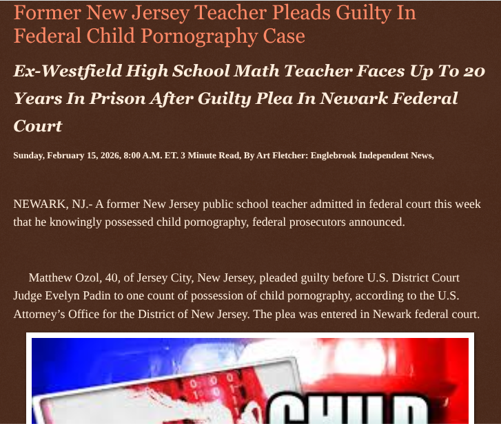 ArtFletcher9's tweet photo. Former New Jersey Teacher Pleads Guilty In Federal Child Pornography Case https://t.co/zEi2lu6EzZ via @Englebrooknews #NewJersey #CrimeNews #UnionCountyNJ #WestfieldNJ #former #highschool #Math #teacher #federal #guiltyplea #possession #childpornography #hudsoncountynj #jerseycitynj @wireless_step @HRG_Media @LodiNJNews @Fordmb1953 @SarahGeving1 @Shannon96574094 @Daytobehappy @janninereid1 @gator4kb18 @MichelleF_35 @TrumpWasRite2 @KathyKbrose @RobGerundo @JimBobW49