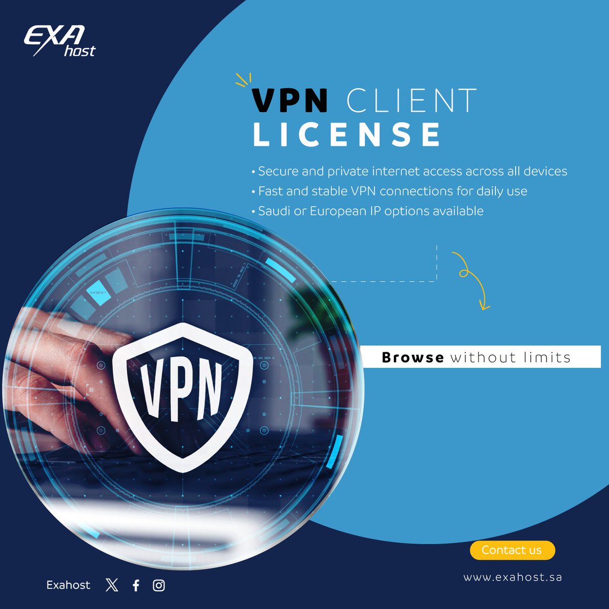 ExaITSA's tweet photo. VPN Client License 
🔒 تصفح آمن وسري لأي مكان!
✅ اتصال VPN سريع ومستقر
✅ حماية بياناتك على الإنترنت
✅ تراخيص لجميع الأجهزة
يمكن توفير الوصول بعنوان IP سعودي او اوروبي
 احصل على تراخيص VPN الآن وابدأ حماية بياناتك.
#VPN 
#أمان 
#SecureConnection https://t.co/pvI36dhJdn