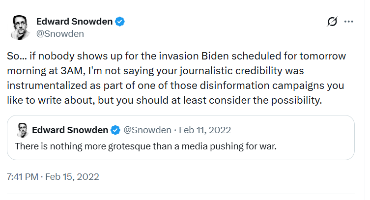 DarthPutinKGB's tweet photo. OTD in 2022 Edward @Snowden continued his chain of thoughts about how journalistic credibility was instrumentalized for disinformation.

Your Prez will now explain the various ways it was clear that this was a very stupid thing to say.../ https://t.co/lWQpE6x06e
