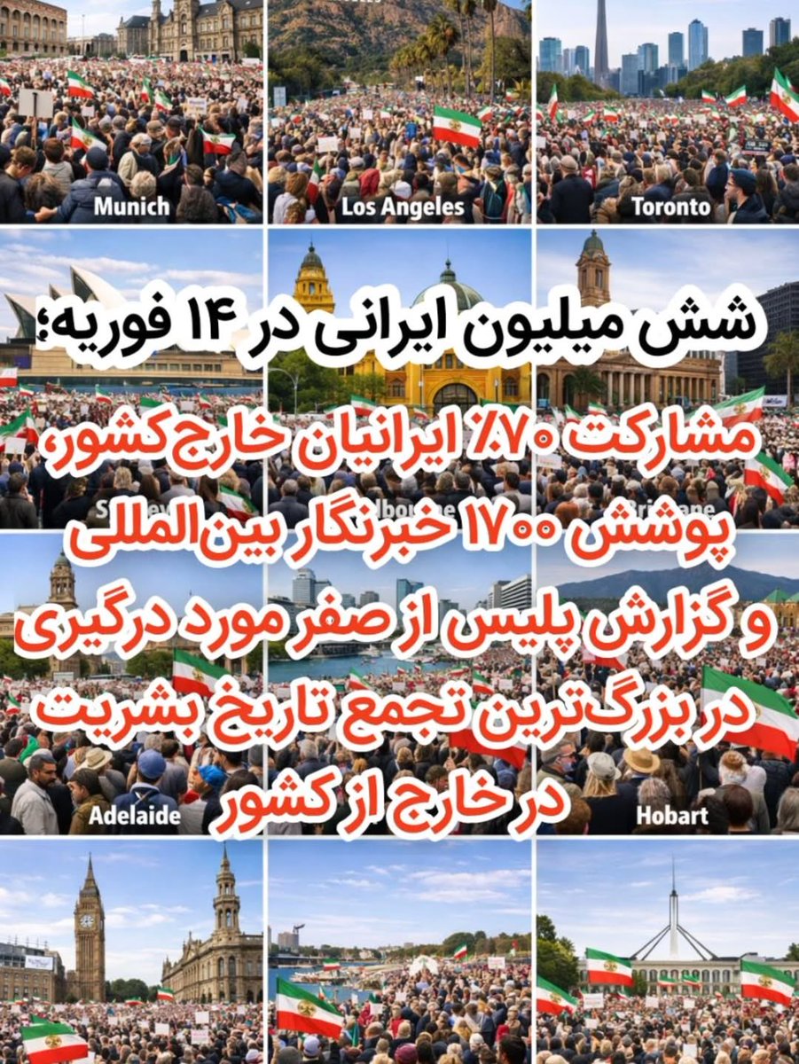 Yesterday,14 of February 2026, collectively all around the world, about six million Iranian participated in an anti-regime protest 

This constitutes about 70% of Iranian population in exile