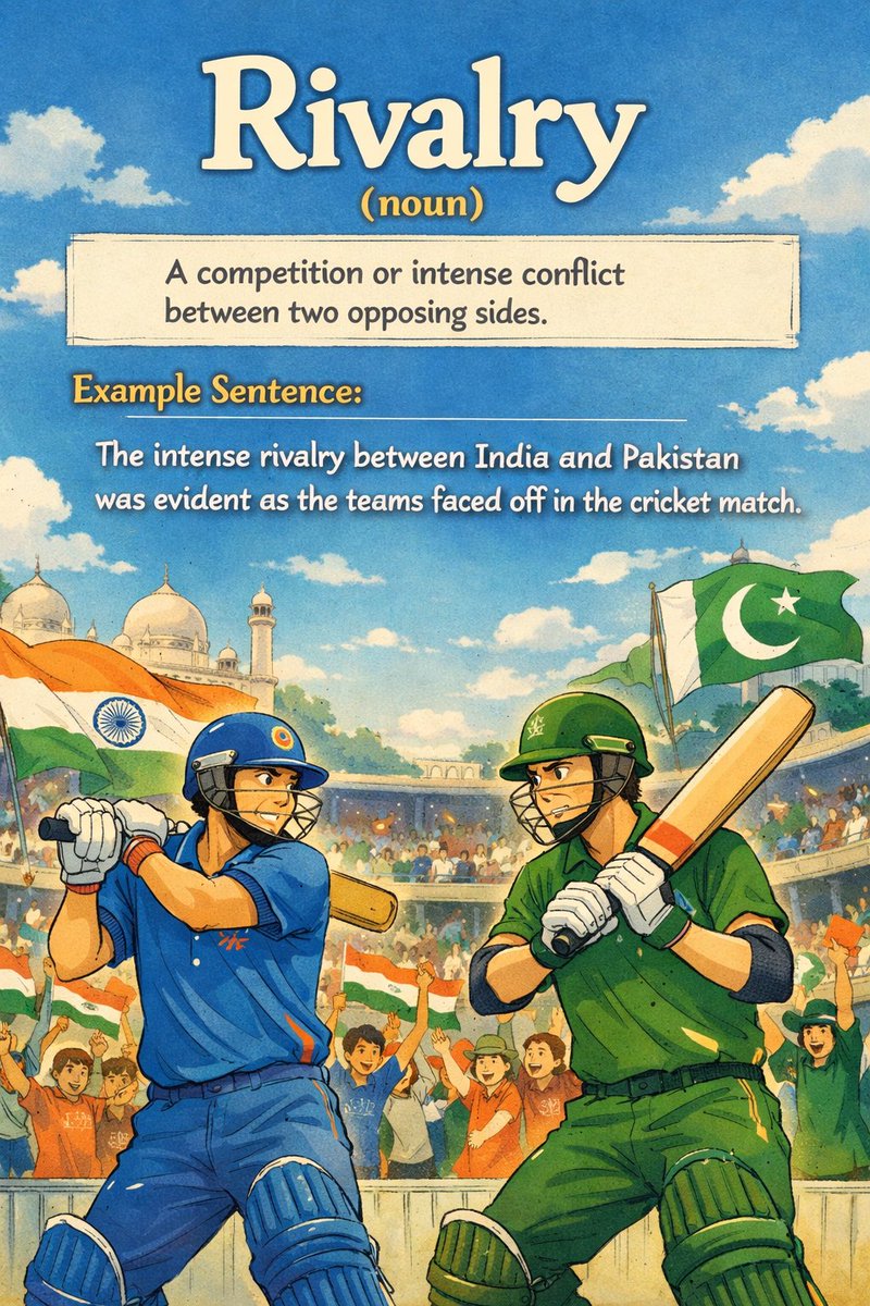 TheVocabCapsule's tweet photo. #WordCapsule📝 
**********************
Good Evening Everyone! 
******************************
Word of the Day is: RIVALRY
************************************
What comes to your mind when you hear this Word? 
**************
Let me in the comments 👇 
*********************************
#INDvsPAK #IndvsPak2026