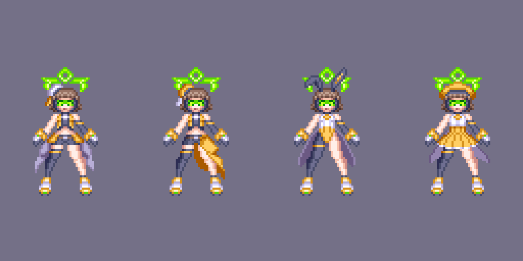 Not much update for this week.
Still can't decide her costume. 🙄
#ゲーム制作 #indiedev #gamedev #pixelart
