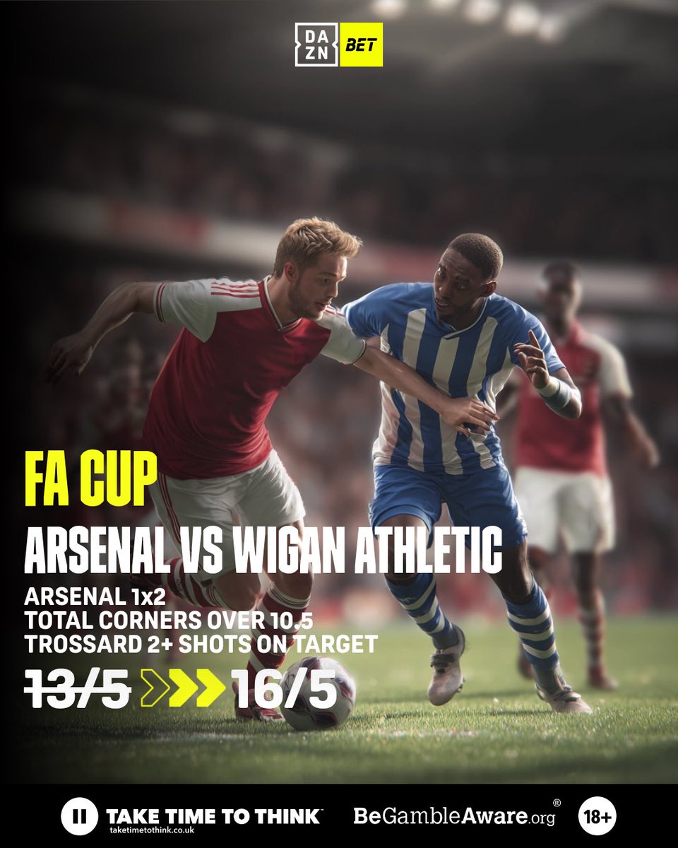 🏴󠁧󠁢󠁥󠁮󠁧󠁿FA Cup 

⚽️Arsenal 🆚 Wigan Athletic 
🗓️Today, 15 February.

📲Go to DAZN Bet and check the odds.

🔗shorturl.at/DStkk

#dazn #daznbet #facup #arsenalfc #wiganathletic