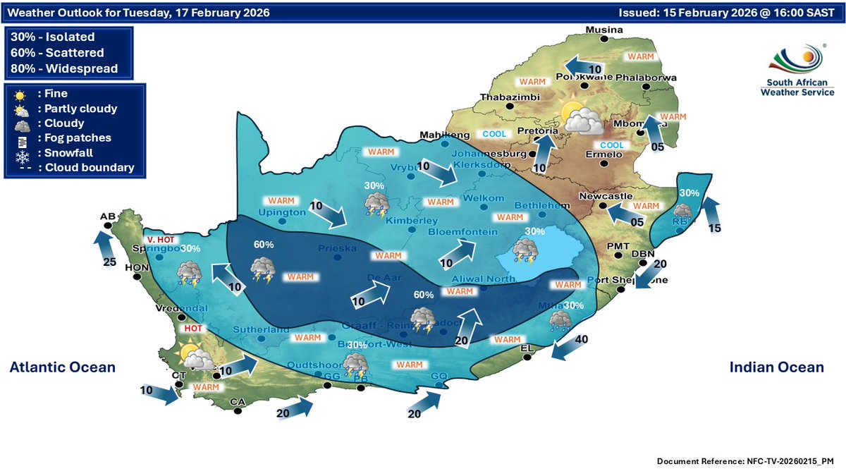 SAWeatherServic's tweet image. Extended weather forecast for Tuesday and Wednesday, 17-18 February 2026:
Partly cloudy and cool to warm with isolated to scattered showers and thundershowers.
#saws #SAWeather #weatheroutlook