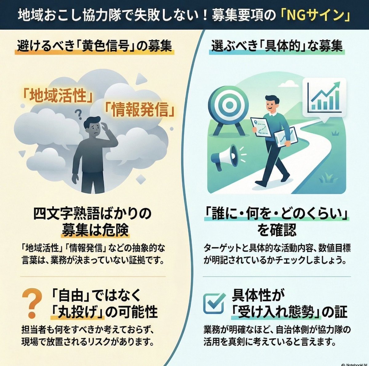 SaitoM's tweet photo. 【地域おこし協力隊で失敗しないために】
✴︎四文字熟語の募集を避ける(募集編#2)

募集要項に「地域活性」「情報発信」「関係人口」「移住促進」「農業振興」などの熟語だけが並んでいなければ、受け入れ体制は黄色信号だと思って良いです。
抽象的に業務が書かれているのは、「そのテーマ範囲なら何でも自由にできる」のではなく、「何をすればいいか決まっていない（担当者に余裕がない）」という可能性が高いです。
「誰に、何を、どのくらいするのか」が具体的に書かれている募集を選びましょう。